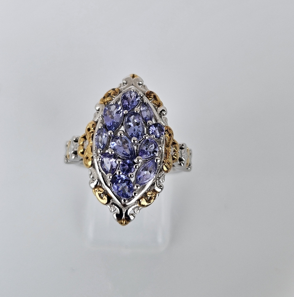 Natural Tanzanite Cluster Ring Sterling Silver Vermeil Size 7!